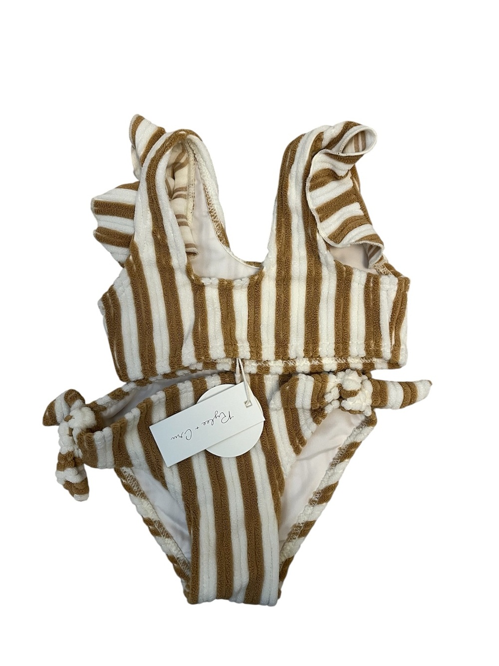 NWT Rylee + Cru Striped Ruffle Two - Piece Swimsuit in Tan & White Terry Cloth